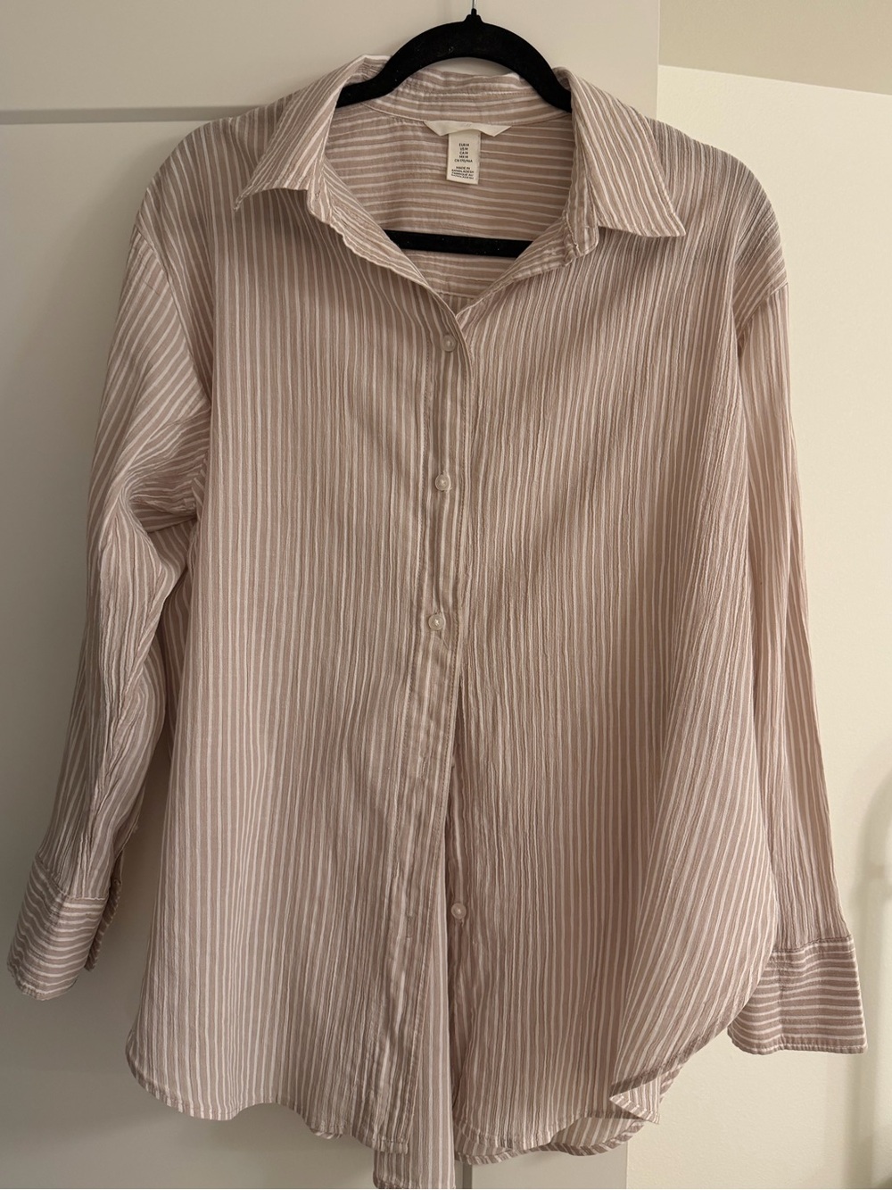 tan and cream striped button up shirt